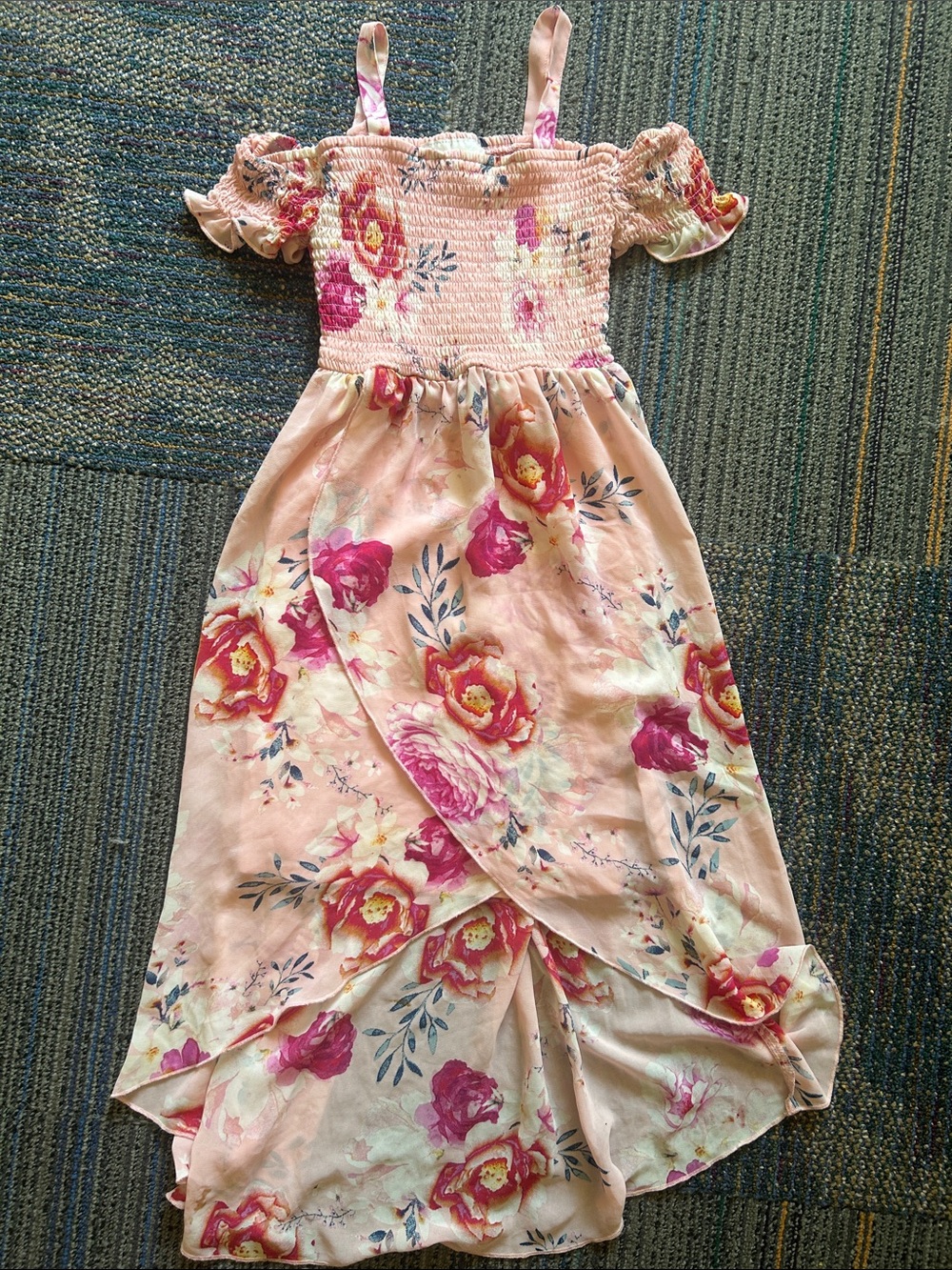 Beautiful off the shoulders, high-low Pink Floral Dress with Smocked Bodice